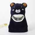 Navy blue knitted bear hat for kids with neck warmer and thick white fleece lining - Navy Blue