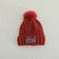 Winter knit hat in red with fluffy pompom and Crush embroidery for boys and girls - Children 3-10 Years Old / CRUSH Letter Patch Style / Burgundy