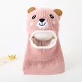 Pink bear-themed baby balaclava hat with integrated neck warmer and soft fleece lining - Pink