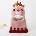 Pink winter deer knit hat for kids with antlers, warm fleece lining and reindeer pattern - Pink