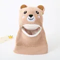 Beige bear-shaped knit balaclava for kids with fleece lining and cute ear details - Khaki