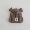 Detailed knit texture of a brown baby winter hat featuring cute ears and fashion label - Baby 2-7 Years / Dark Gray