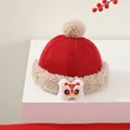 Detailed view of red suede baby winter hat with white faux fur and lion dance embroidery - Traditional Lion Design (Style 3)