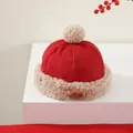Detail of red winter hat for kids with sherpa fleece trim and stylish leather label - Shuaikuku Leather Label Design (Style 4)