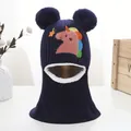 Dettaglio passamontagna dinosauro blu scuro con doppi pompon e calda fodera in pile - 1-4 Anni / Blu navy