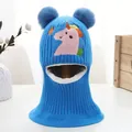 Close-up of blue knit baby balaclava with unicorn patch and plush fleece lining - 1-4 Years / Blue