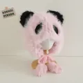 Plush panda trapper hat for kids with pink faux fur and decorative pom-pom chin straps - 47-52CM (2-6 Years) / Pink