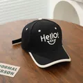 Detailed embroidery of Hello text and smiley face on black and white cotton baseball cap - Kids 3-8Y (48-53CM) / Black