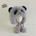 Grey panda-shaped plush earflap hat for kids with furry pom-poms and cute black ears - 47-52CM (2-6 Years) / Gray