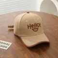 Detailed embroidery of Hello text and smiley face on khaki cotton kids baseball cap - Kids 3-8Y (48-53CM) / Khaki