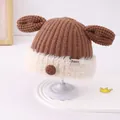 Detailed view of winter baby knit hat featuring cartoon animal ears and plush white trim - 48-50cm (Fits 2-4 Years) / Coffee