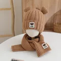 Brown kids knit beanie and scarf set with cute bear ears and fleece lining - Khaki GOOD Label