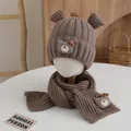 Brown knit children's hat and scarf set featuring cute cartoon bear patches - Grey Bear