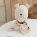 Kids beige knitted hat and scarf set with cute bear patch and 3D ear design - Beige GOOD