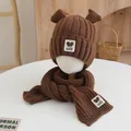 Winter kids knitted hat and scarf set in coffee brown with cute 3D bear ears - Dark Coffee GOOD Label