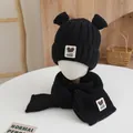 Ensemble bonnet et écharpe en tricot noir pour enfants avec écusson ours mignon - Noir Good