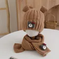 Ensemble d'hiver tricoté marron pour enfants avec bonnet à ours et écharpe assortie - Ours Brun Clair