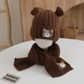 Ensemble bonnet et écharpe d'hiver pour enfants en marron café avec oreilles d'ours - Ours Café Foncé