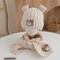 Ensemble bonnet et écharpe en tricot beige pour bébé avec écussons d'ours bruns - Ours Beige