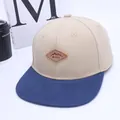 Kids flat brim baseball cap with beige crown, navy brim and leather mountain logo - Kids Adjustable Size / Beige And Blue Style