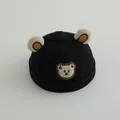 Cute black baby beanie hat with plush bear ears and bear embroidery decoration - 2-4 years old / Black