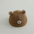 Brown toddler bear ear beanie cap with cute plush bear embroidery in warm cotton fabric - 2-4 years old / Light Coffee