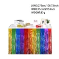 Rainbow foil fringe table skirt for party decor, measures 275cm by 75cm in metallic finish - Rainbow Bright Straight Style / Approx. 75x275cm