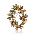 Broche couronne vintage avec perles de champagne et cristaux sur métal doré vieilli - Or Antique (B113-B)