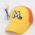 Detail of breathable mesh truck cap with yellow and orange panels and large M patch - 50cm-54cm / Yellow