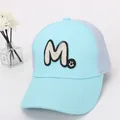 Close-up of light blue kids baseball cap featuring M letter embroidery and grey mesh back - 50cm-54cm / Sky Blue