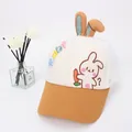 Close-up of kids mesh sun hat with 3D bunny ears and colorful Rabit embroidery - 48-52cm / Coffee