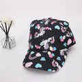 Black kids baseball cap featuring colorful unicorn patterns and a curved sun visor - Kids 3-10 Years 48-54CM / Black All-Over Print With Ears Style (Fig 8)