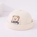 Kids' beige cotton docker hat with cute bear patch and Lucky embroidery detail - Bear Patch Lucky Label (Pattern 2) / Beige