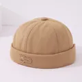 Gorro docker retro color camello para niños con parche de cuero MY.bear en algodón - Etiqueta de oso de cuero MY bear (Patrón 3) / Caqui