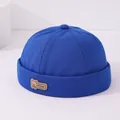 Gorro docker azul oscuro de algodón para niños con parche de cuero de oso - Etiqueta de oso de cuero MY bear (Patrón 3) / Azul zafiro