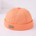 Gorro naranja para niños en algodón con parche de oso en cuero y logo MY.bear - Etiqueta de oso de cuero MY bear (Patrón 3) / Naranja