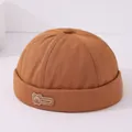 Gorro docker marrón para niños con parche bordado de osito sobre tejido de algodón - Etiqueta de oso de cuero MY bear (Patrón 3) / Café
