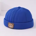 Gorro retro azul real para niños con parche de oso y textura de algodón premium - Insignia de oso de silicona (Patrón 4) / Azul zafiro