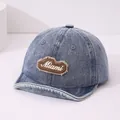 Light blue washed denim baseball cap for kids with Miami embroidered patch design - Miami Patch / Dark Blue