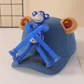 Blue corduroy kids baseball cap with plush ears and detachable pop tube monkey toy - Monkey Telescopic Tube Toy / Blue Monkey Style