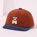 Toddler corduroy baseball cap in caramel and blue patchwork with bear embroidery - Infant One Size / Bear Patch Embroidery / Jujube Red (Style 4)