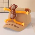 Brown corduroy baseball cap for kids with monkey plush toy and retractable yellow limbs - Khaki Monkey Style