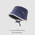 Kids navy blue corduroy bucket hat with beige trim and windproof chin strap - 48-50cm (2-4 Years) / Blue