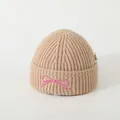 Detail of khaki cable knit baby hat with pink bow embroidery and Didicute woven label - Baby Approx 2-6 Years / Khaki