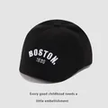 Detailed close-up of BOSTON 1630 white embroidery on a black corduroy beret hat - Letter Embroidery Beret (TJZQ04) / Black