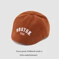 Detailed close-up of dark brown corduroy texture and white BOSTON embroidery on kids hat - Letter Embroidery Beret (TJZQ04) / Orange Brown