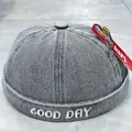 Grey washed denim kids docker hat featuring white GOOD DAY embroidery and rolled brim - 48-50cm / Medium Blue GOOD