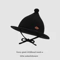 Kids black corduroy wizard hat with knit pom pom and side leather cloud patch - Toddler (48-50CM) / Black