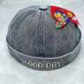 Vintage dark gray washed denim docker cap for kids with Good Day embroidery detail - 48-50cm / Dark Blue GOOD