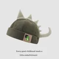 Dark green corduroy dinosaur brimless hat with gray fins and leather logo for toddlers - Baby Size / Army Green
